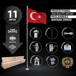 11 Metre İnox 304 Kalite Paslanmaz Krom Çelik Profesyonel Bayrak Direği