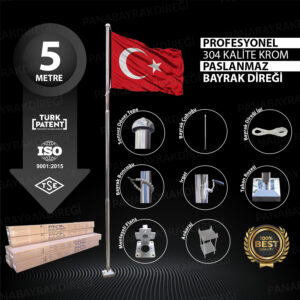 5 Metre İnox 304 Kalite Paslanmaz Krom Çelik Profesyonel Bayrak Direği