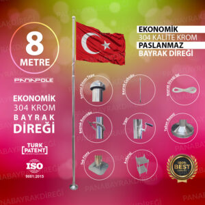 8 Metre İnox 304 Kalite Paslanmaz Krom Çelik Ekonomik Bayrak Direği